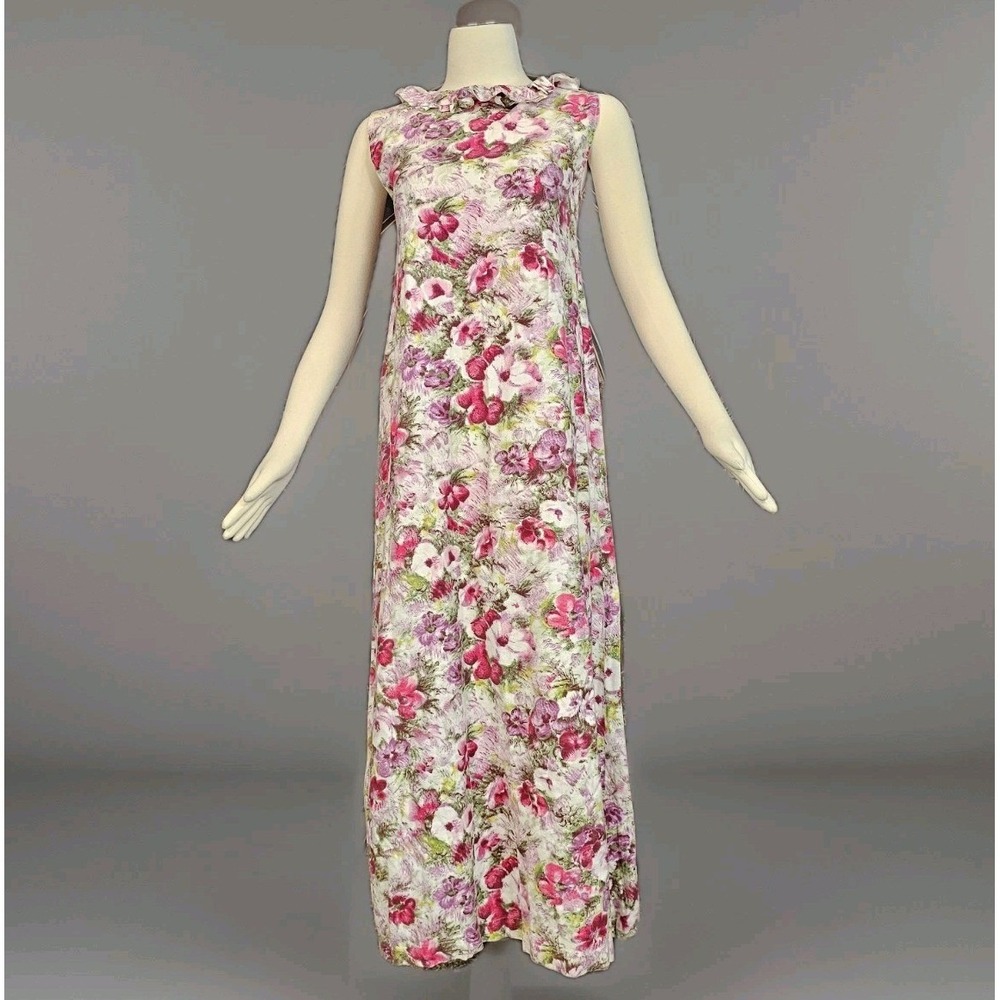 Vintage 1970s Dress Maxi Floor Length Floral Pink Green‎ Ruffle Neck Sleeveless